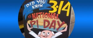 A cartoon man holding up a pie with the words "Did you know 3.14 is national Pi Day"