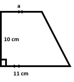 A trapezoid with a height of 10 cm, a parallel side of 11 cm, and a parallel side labeled "a"