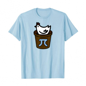 A blue t-shirt with a chicken inside a pot that has the pi symbol on it