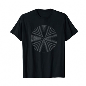 A t-shirt displaying the numbers of pi in a spiraling design