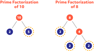 Diagram showing the prime factorization of 10 and 8