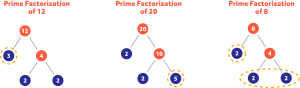 Diagram showing the prime factorization of 12, 20, and 8