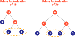 Diagram showing the prime factorization of 18 and 36
