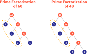 Diagram showing the prime factorization of 60 and 48